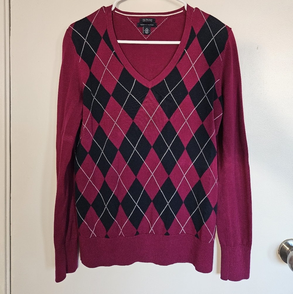 Tommy hilfiger Women's V-Neck Argyle Sweater - Fuchsia and Black Sz M